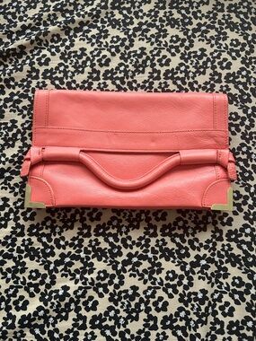 Foley + Corinna Coral Fold-Over Clutch with Gold Corner Accents